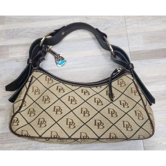 Dooney & Bourke Brown Canvas Leather Trim DB Printed Zipper Hobo Shoulder Bag - Picture 1 of 9
